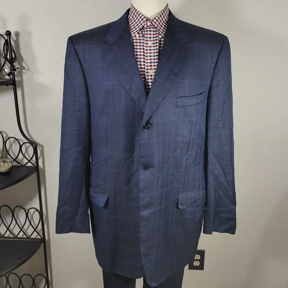 Canali AL13320/00 Men's Sport Coat Blazer Two Button Navy‎ Plaid Silk Wool 52XL